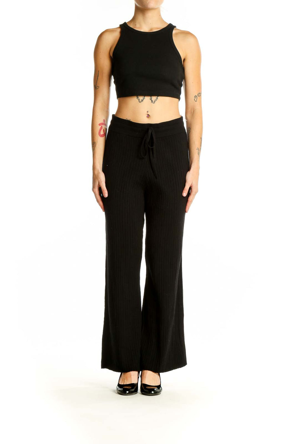 Front view of Victoria's Secret black wide-leg lounge pants with drawstring waist