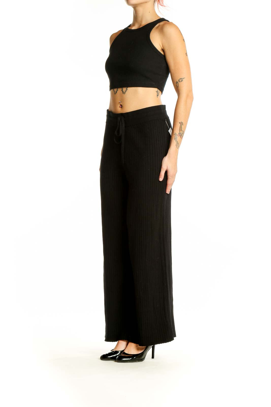 Front view of Victoria's Secret black wide-leg lounge pants with drawstring waist