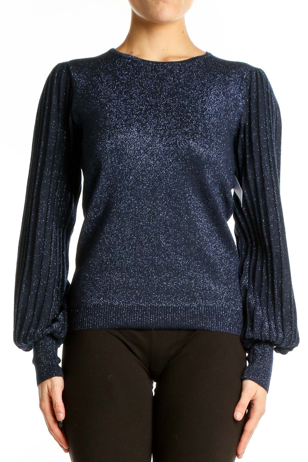 Front view of Nanette Lepore navy sparkly sweater with puff sleeves