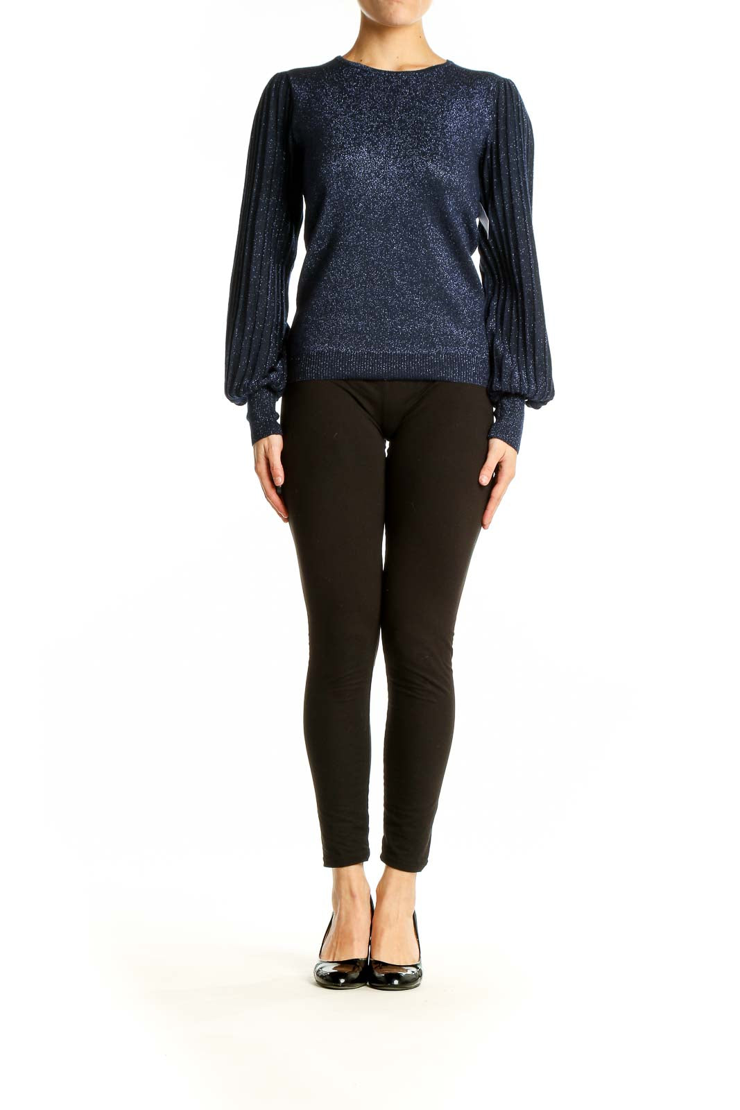 Front view of Nanette Lepore navy sparkly sweater with puff sleeves