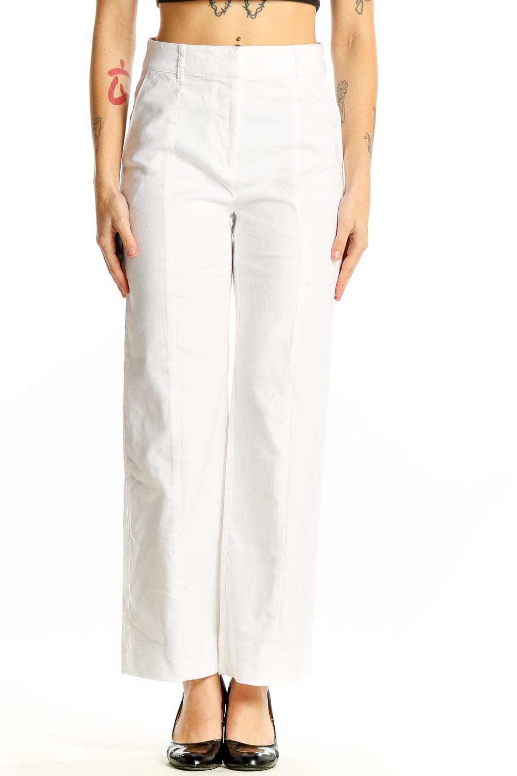 Front view of white wide-leg trousers from LOFT