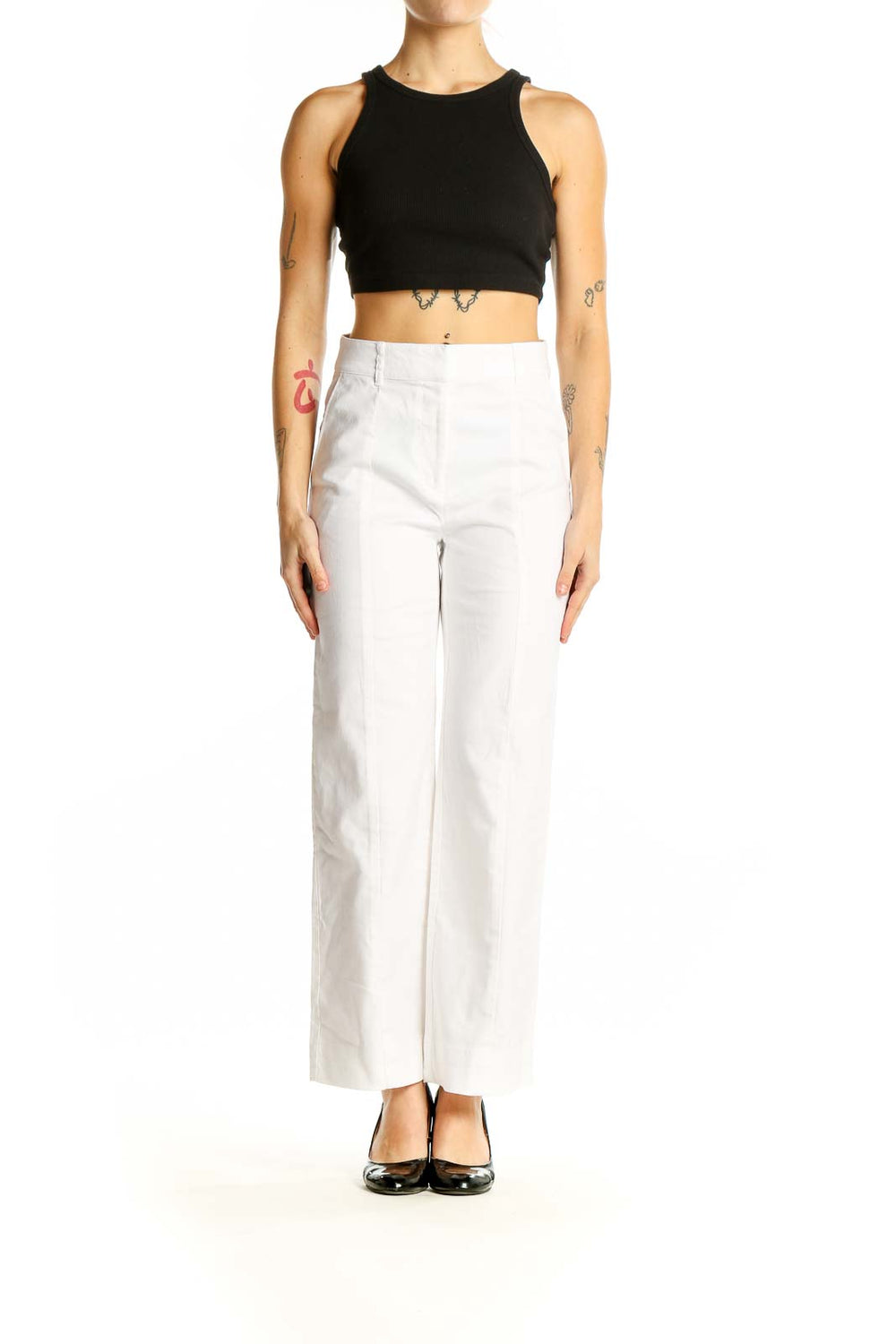 Front view of white wide-leg trousers from LOFT