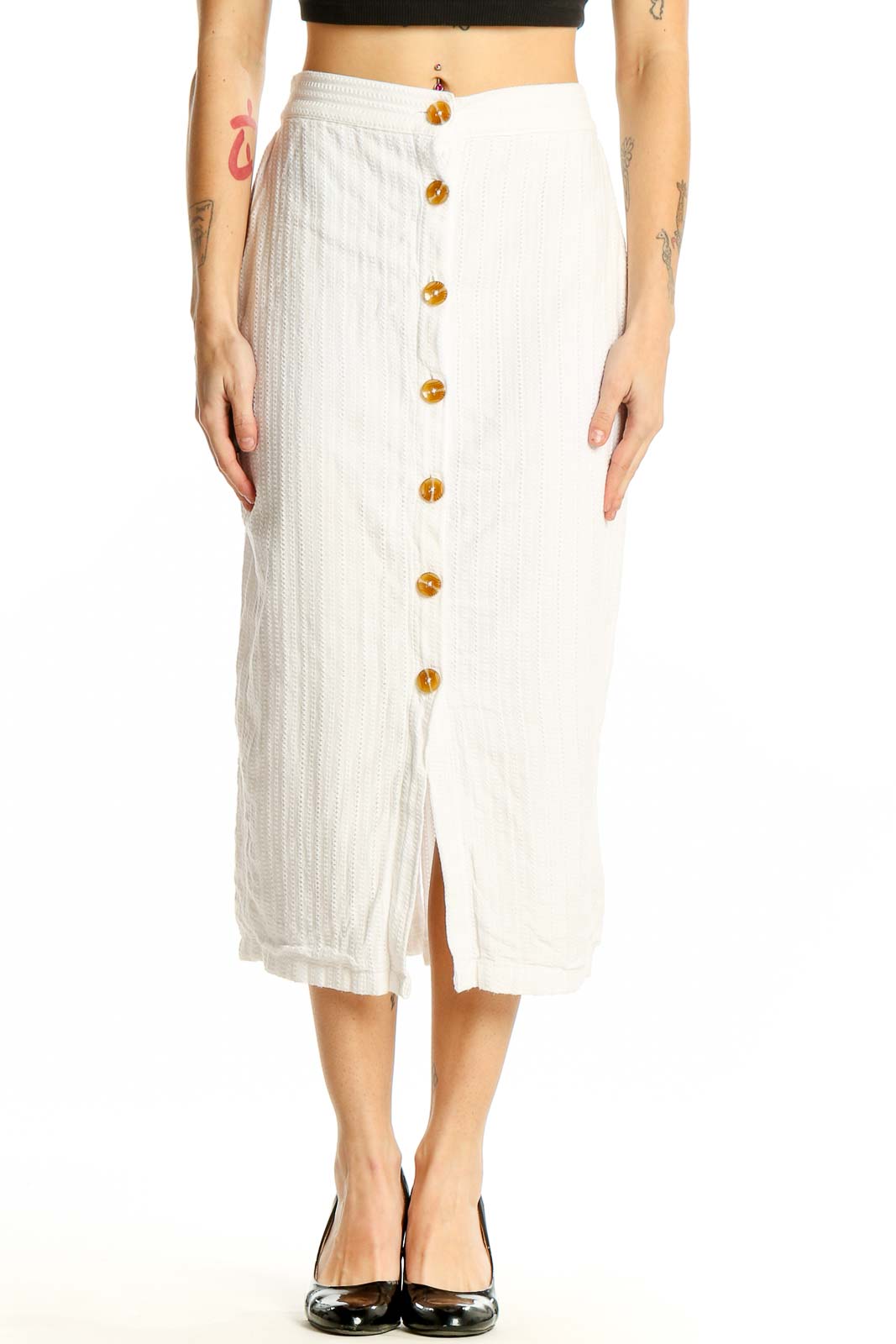 Front view of white cotton button-front midi skirt by DL1961