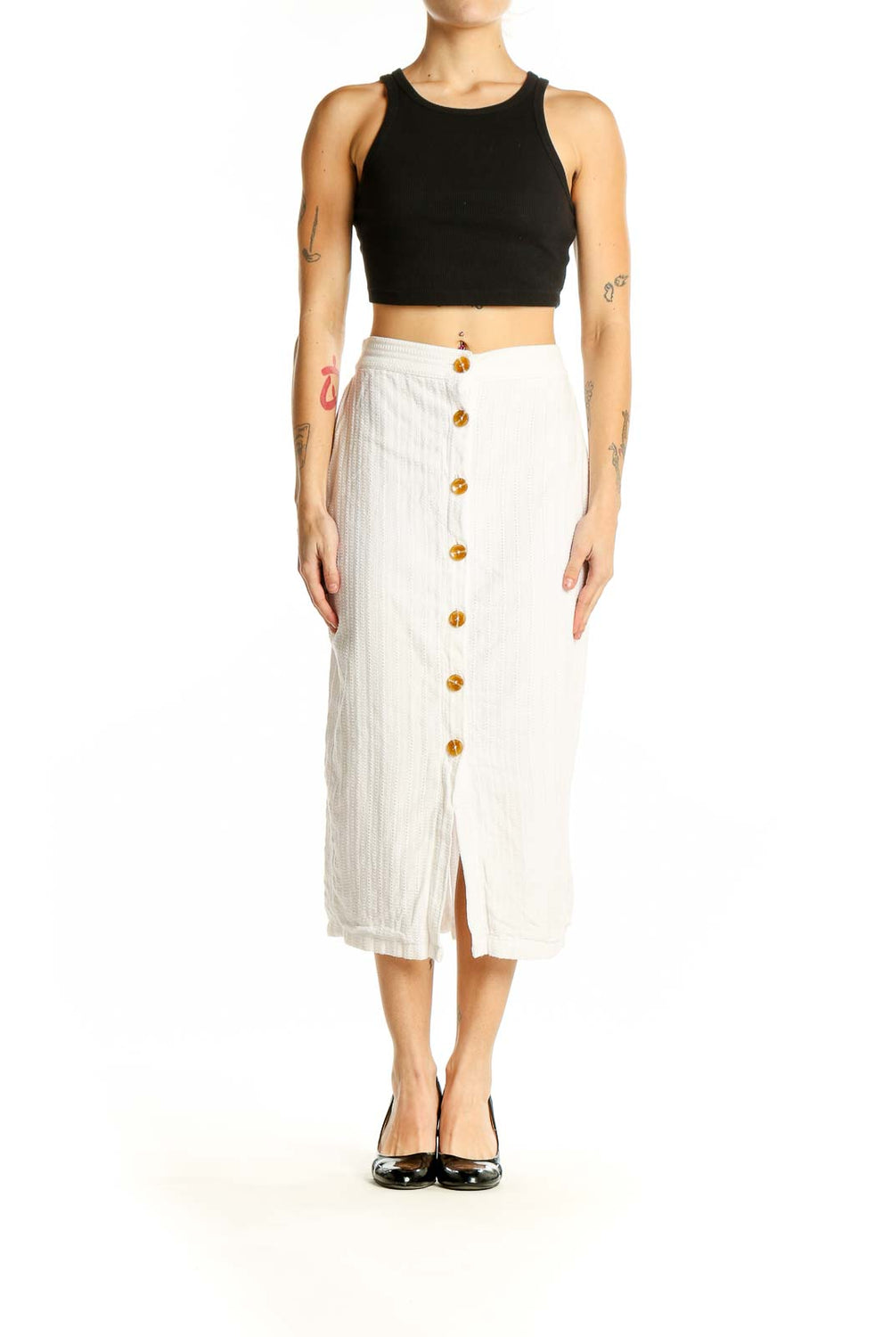 Front view of white cotton button-front midi skirt by DL1961