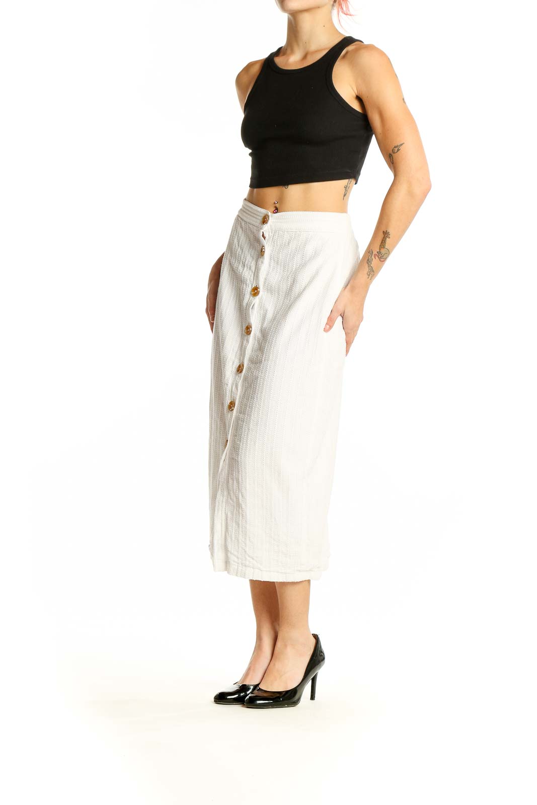 Front view of white cotton button-front midi skirt by DL1961