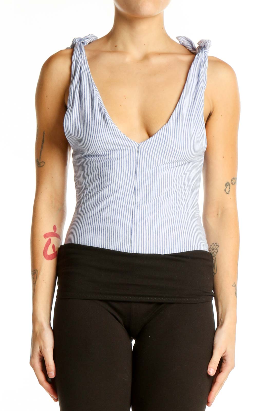 Front view of Zara Basic blue striped cotton tank top with tie shoulders