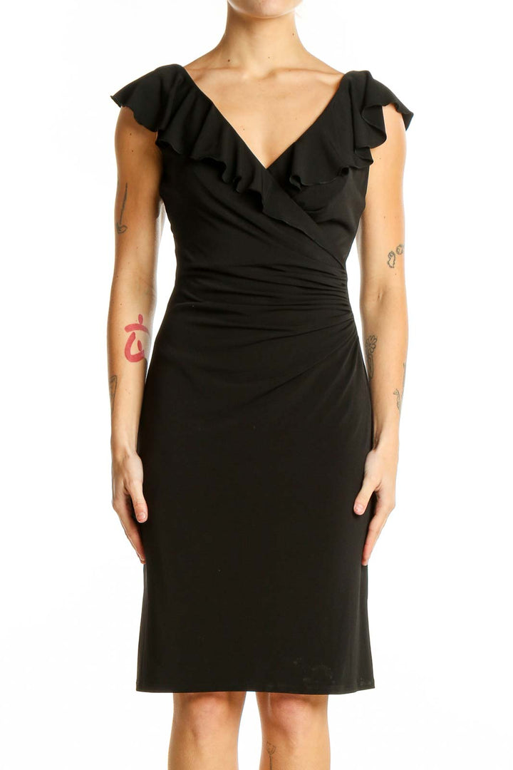 Front view of Black Ruffle-Trim Wrap Dress from White House Black Market