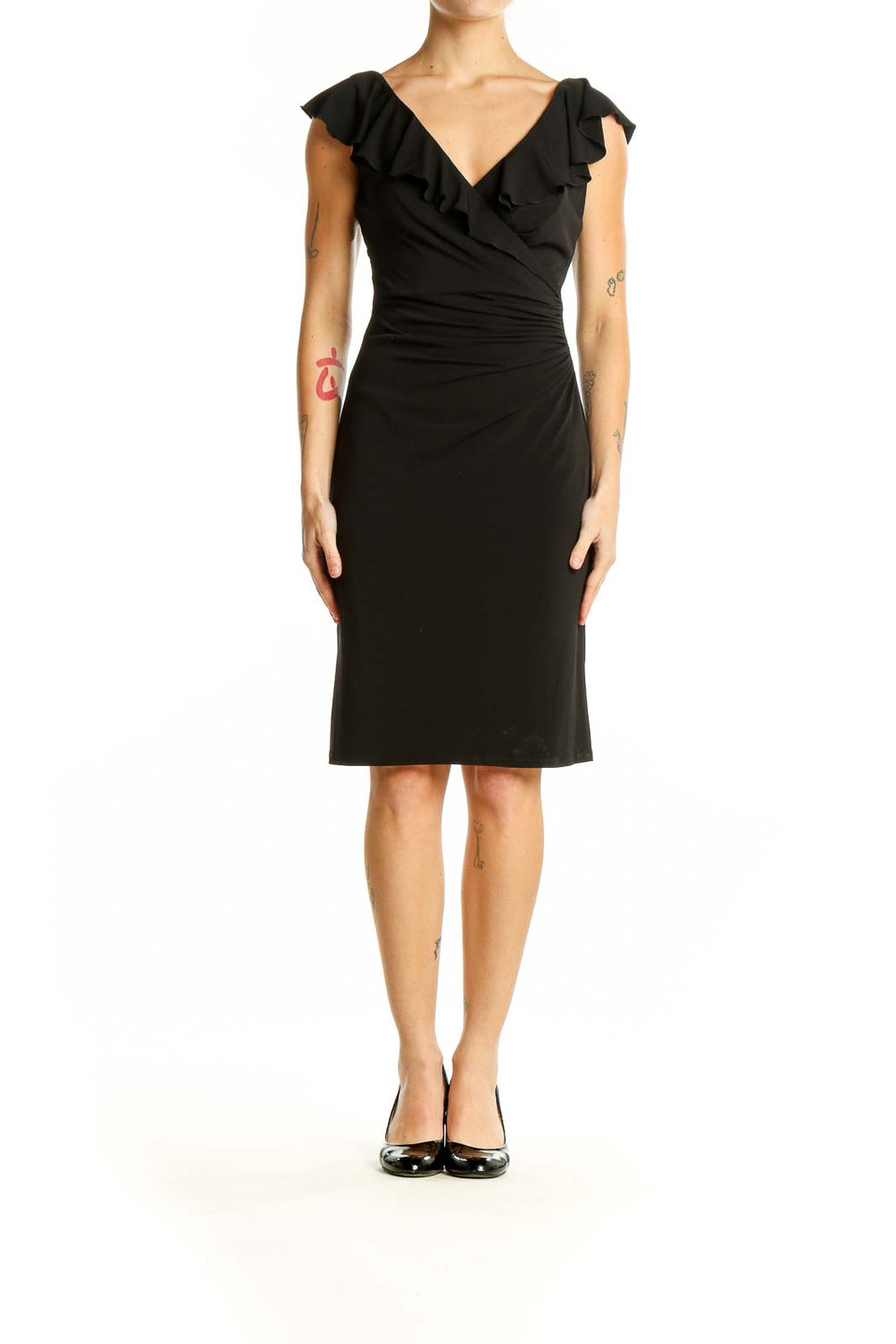 Front view of Black Ruffle-Trim Wrap Dress from White House Black Market