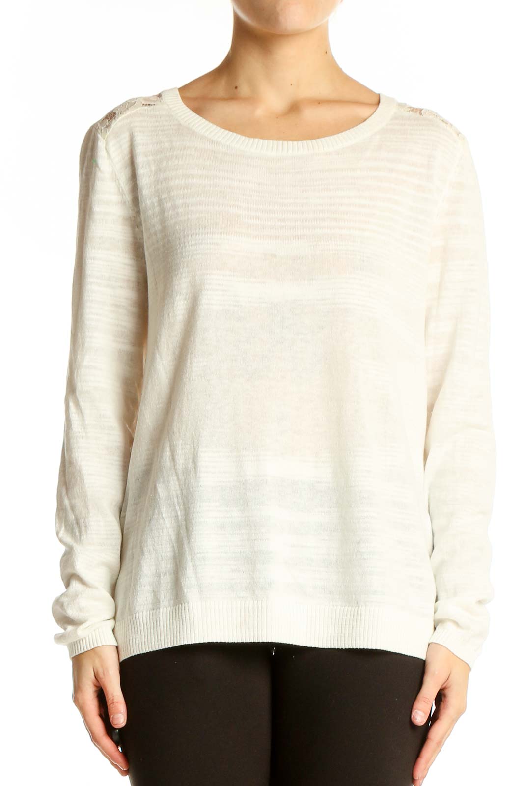 Front view of Cabi cream lightweight knit sweater with lace shoulder details