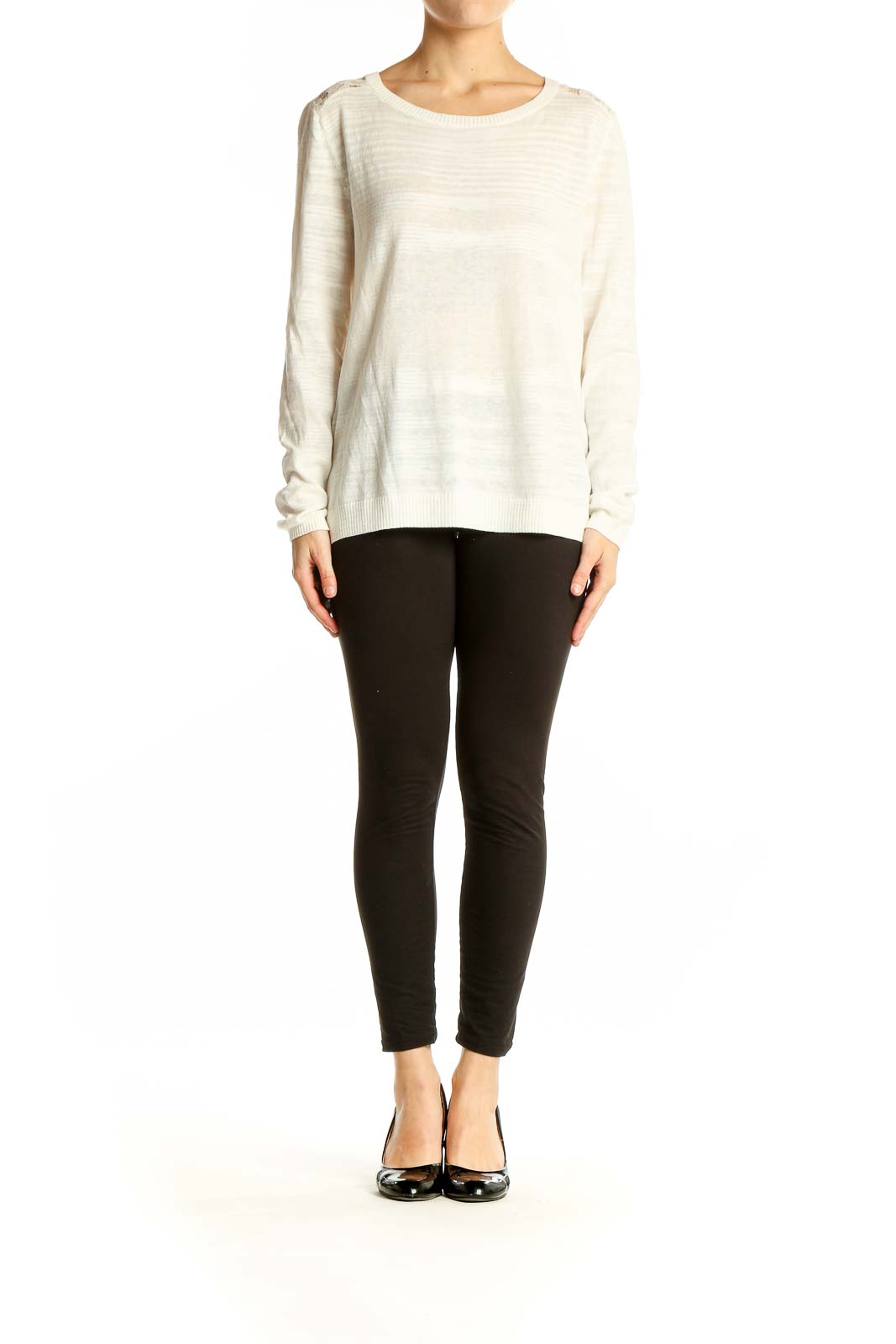 Front view of Cabi cream lightweight knit sweater with lace shoulder details