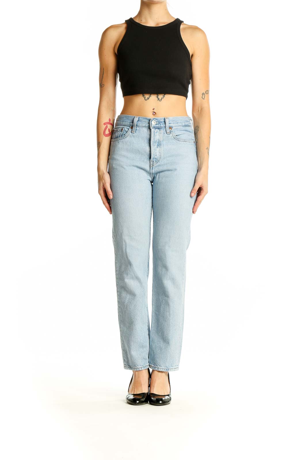 Front view of Levi's light blue straight leg jeans on model