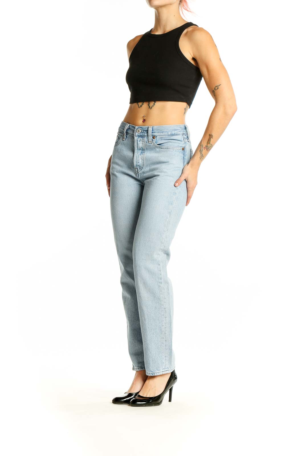 Front view of Levi's light blue straight leg jeans on model