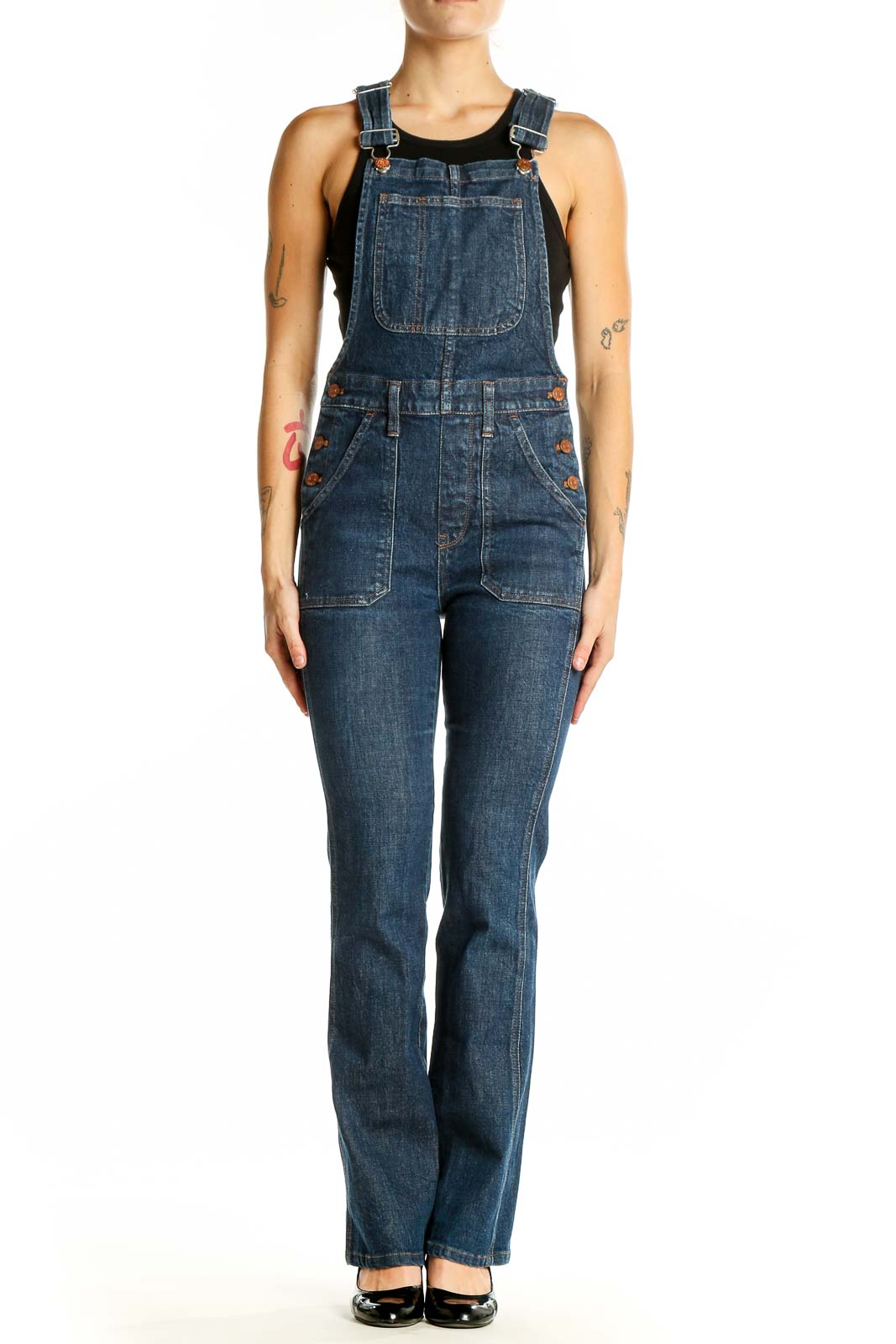 Front view of Madewell blue denim straight-leg overalls on model