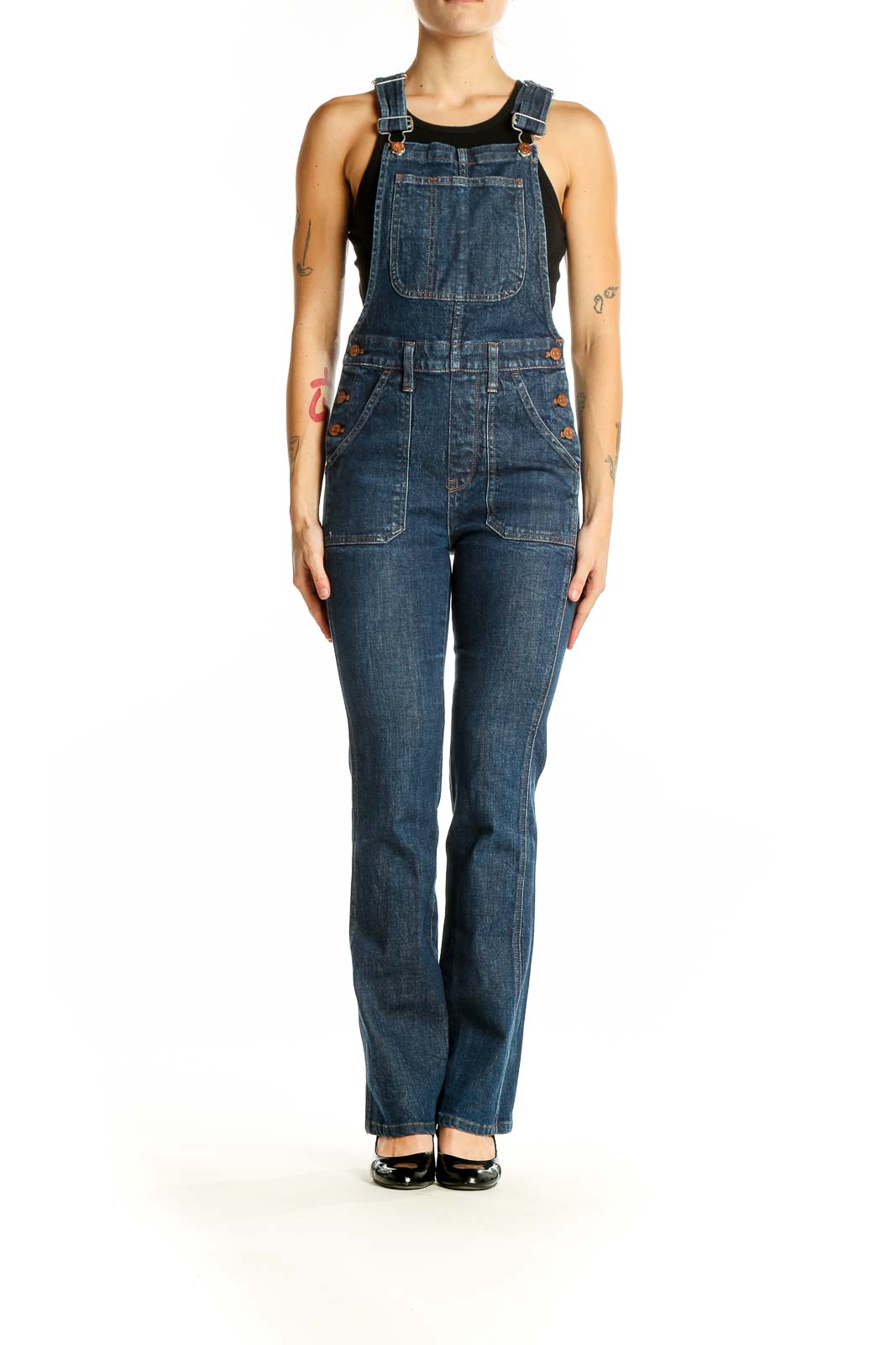 Front view of Madewell blue denim straight-leg overalls on model