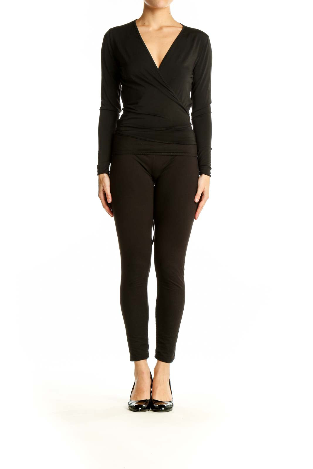 Front view of black wrap-style long sleeve top from Mango