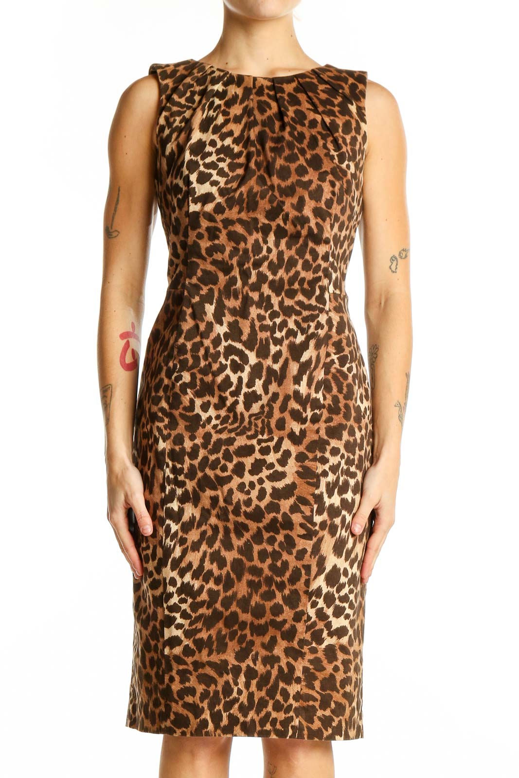 Front view of Michael Kors brown leopard print sleeveless sheath dress