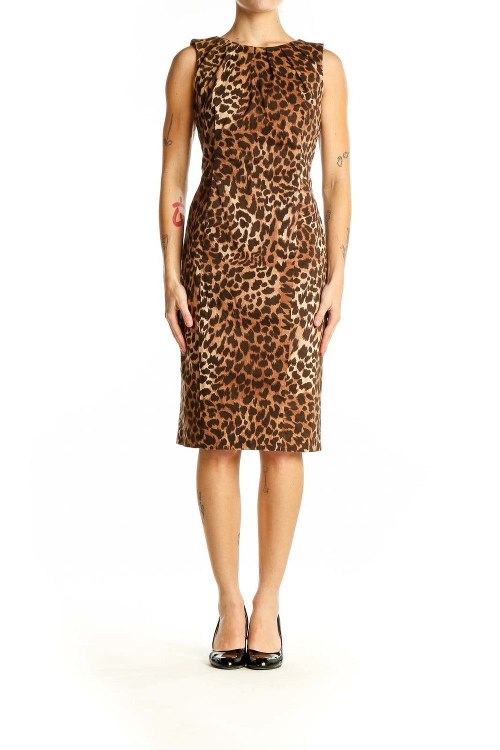 Front view of Michael Kors brown leopard print sleeveless sheath dress