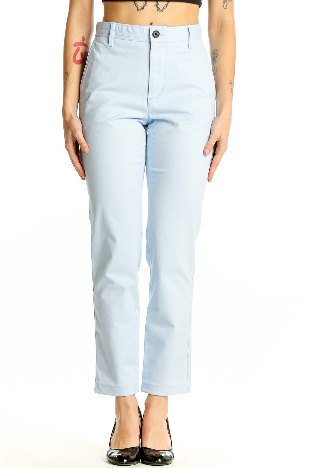 Front view of light blue Banana Republic ankle pants on model