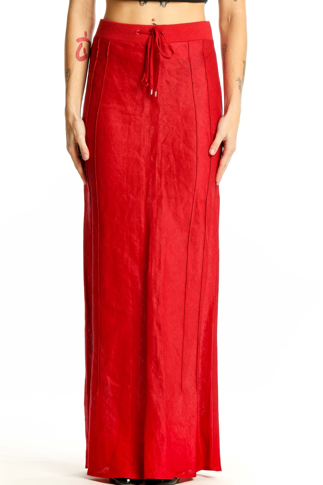 Front view of red Mango maxi skirt with drawstring waist