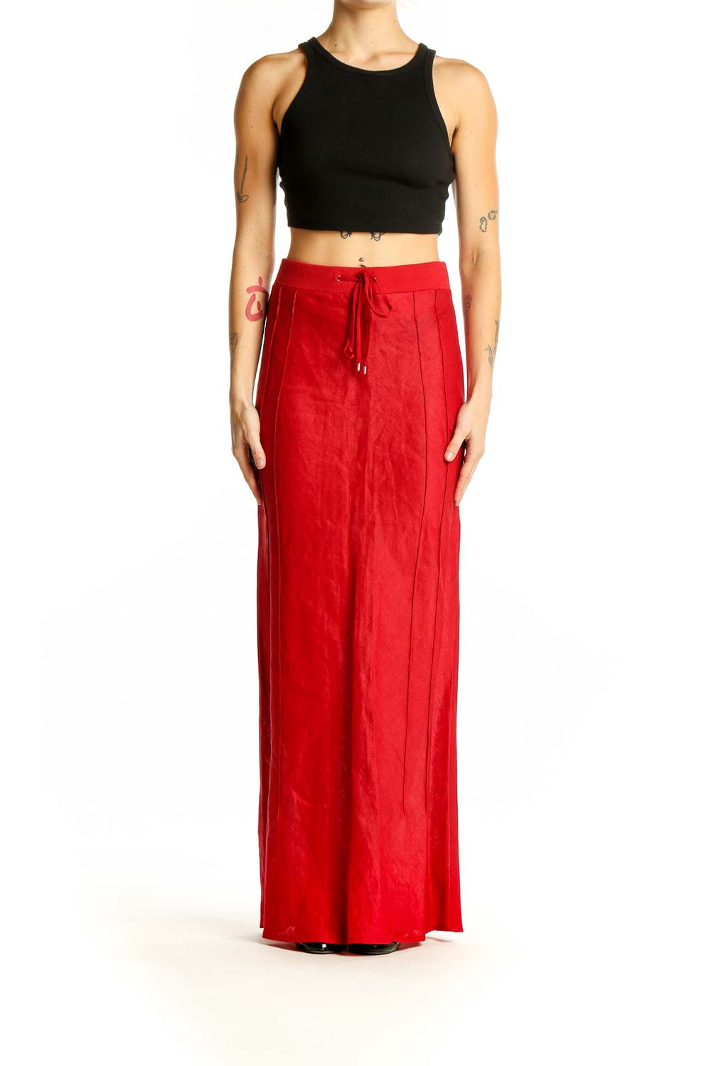 Front view of red Mango maxi skirt with drawstring waist