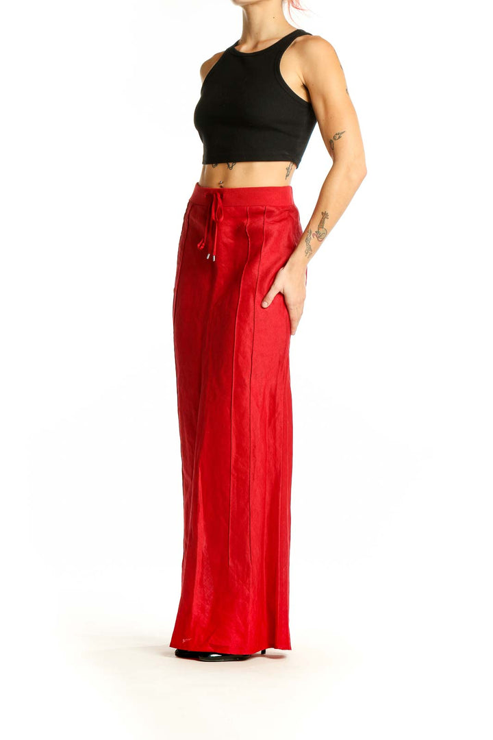 Front view of red Mango maxi skirt with drawstring waist