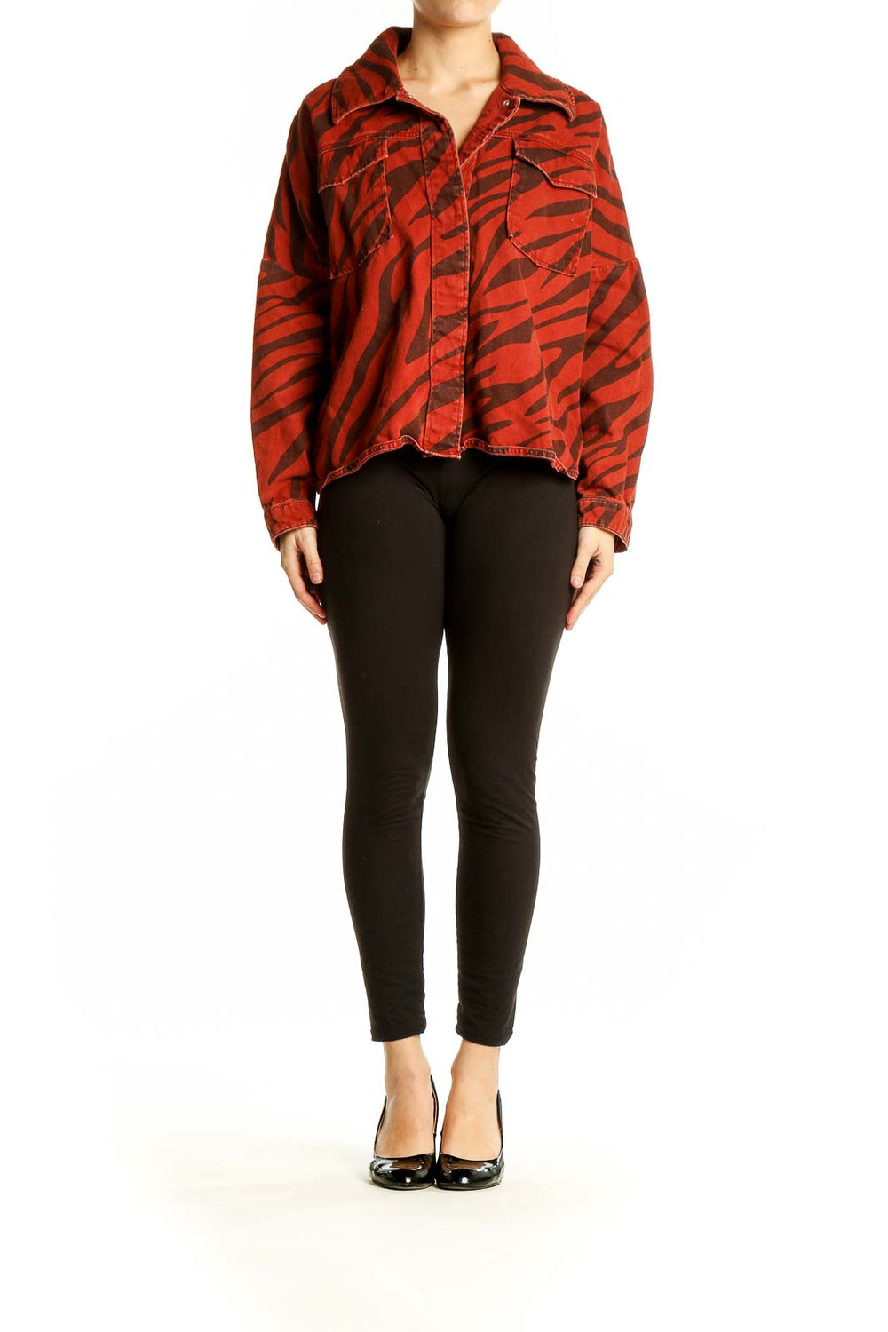 Front view of red zebra print cropped jacket from Zara