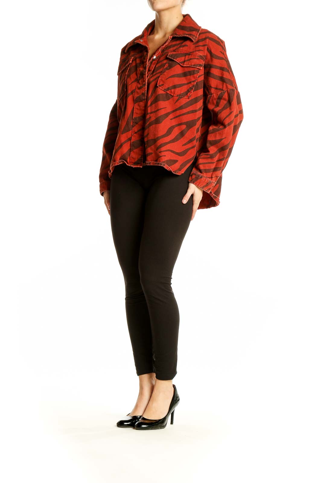 Front view of red zebra print cropped jacket from Zara