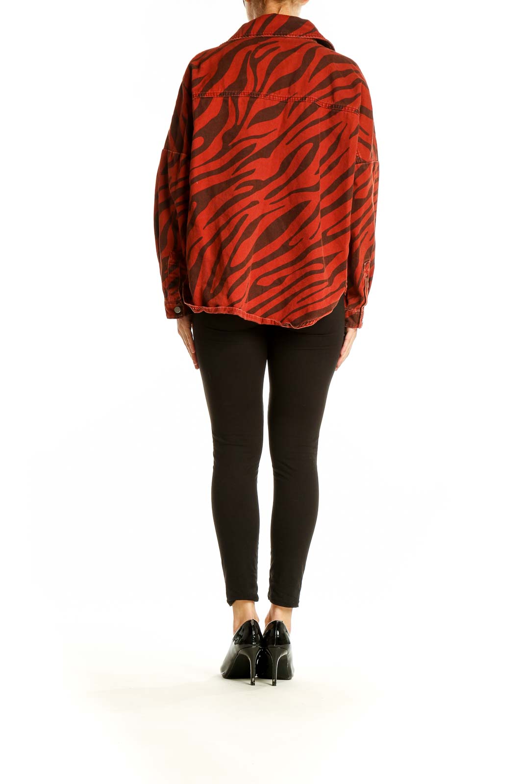 Back view of red zebra print cropped jacket from Zara