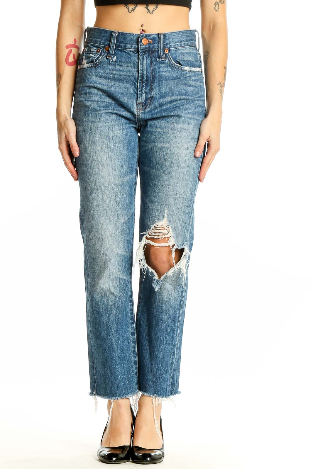 Front view of Madewell blue high-rise straight leg jeans with distressed knee