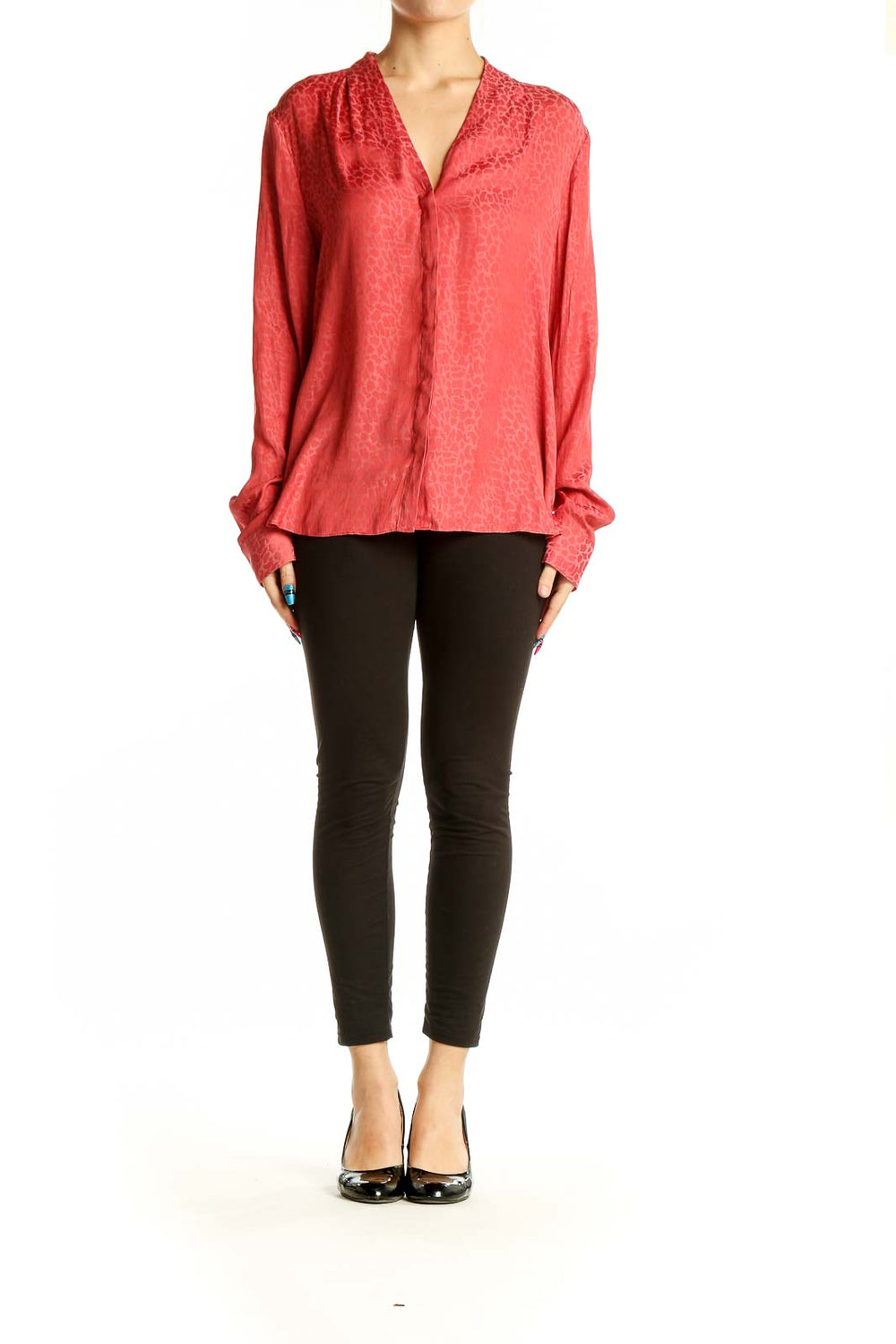 Front view of coral Halogen blouse with V-neckline and textured pattern