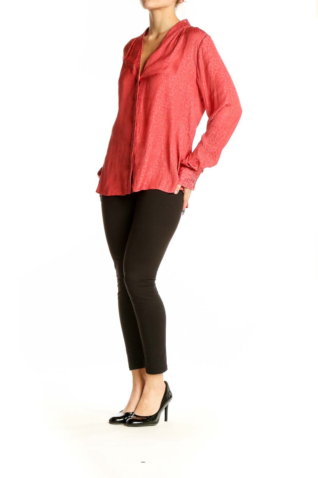 Front view of coral Halogen blouse with V-neckline and textured pattern