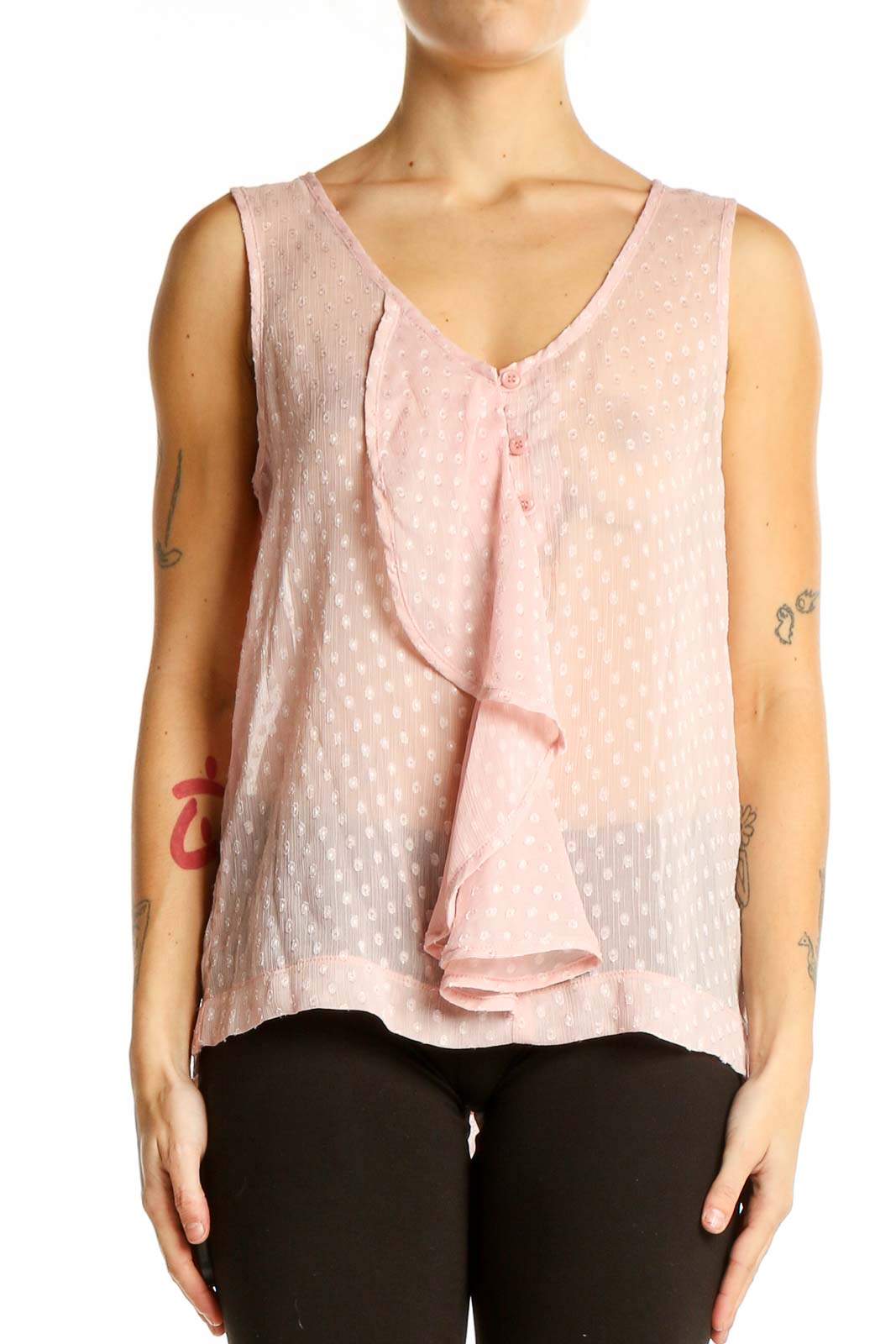 Front view of Millau pink sheer polka dot tank top with ruffle detail