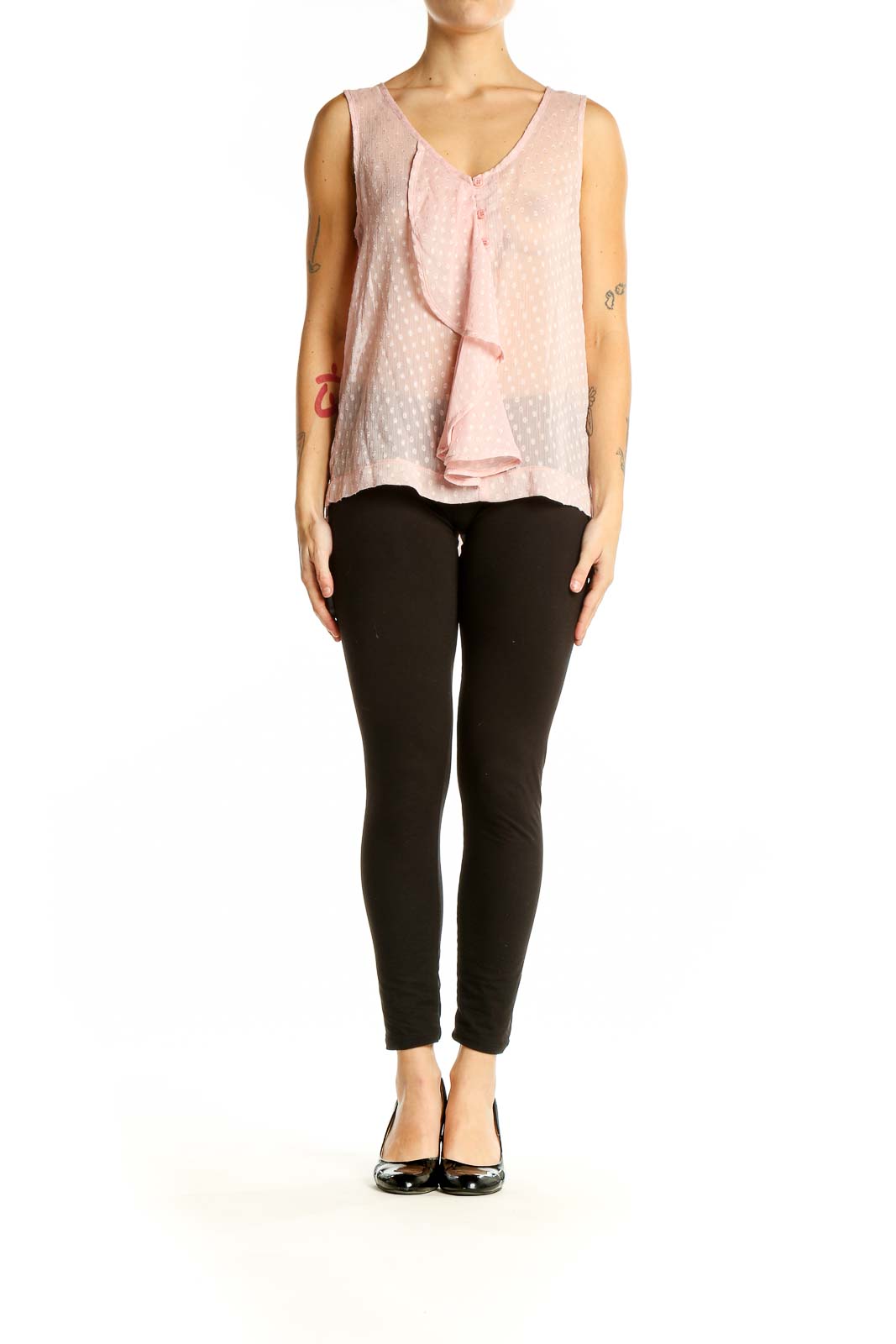 Front view of Millau pink sheer polka dot tank top with ruffle detail