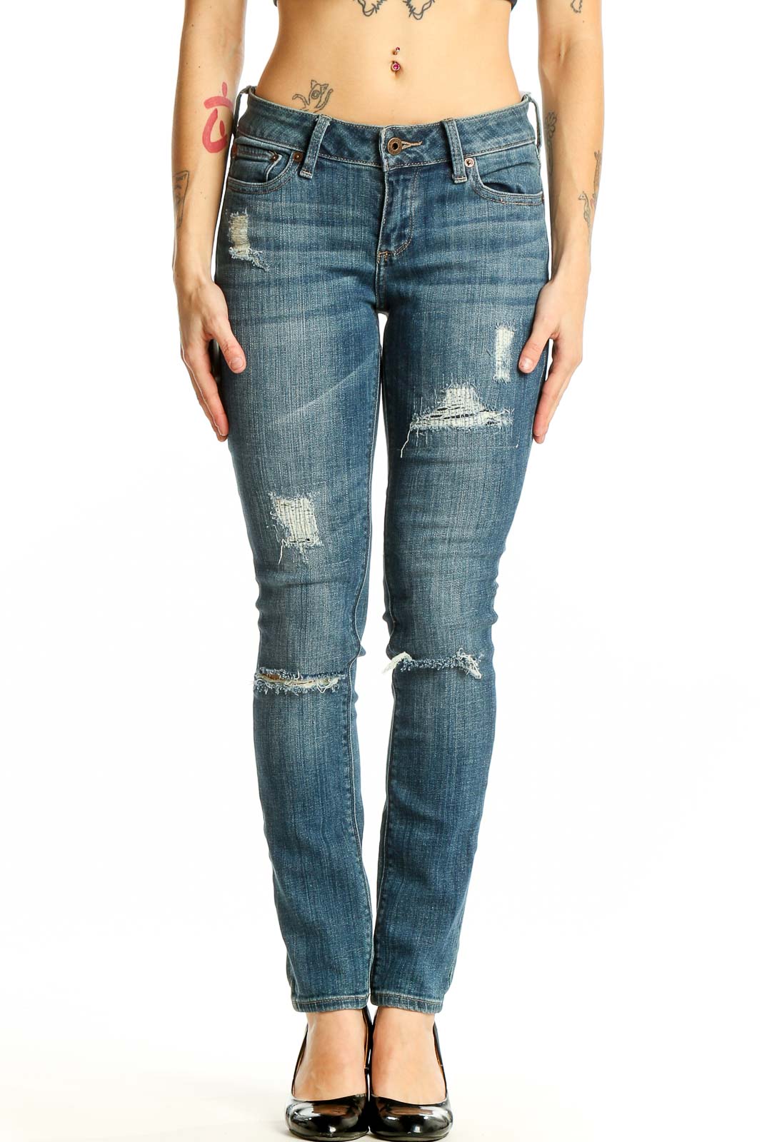 Front view of Lucky Brand blue distressed skinny jeans with ripped details