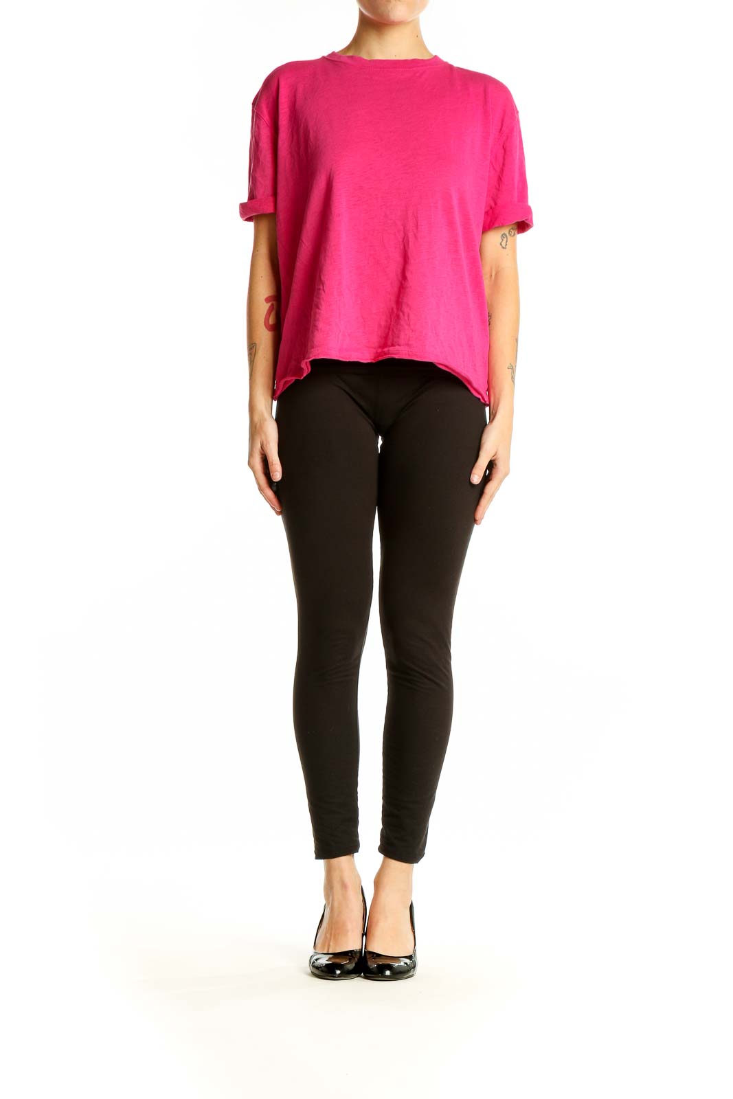 Front view of WE THE FREE hot pink oversized t-shirt on model