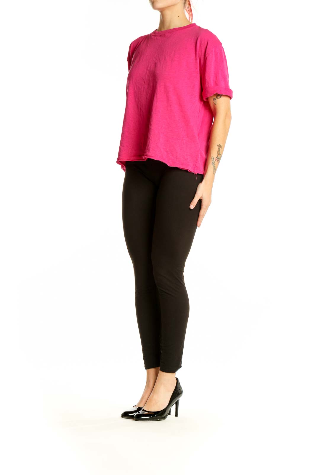 Front view of WE THE FREE hot pink oversized t-shirt on model