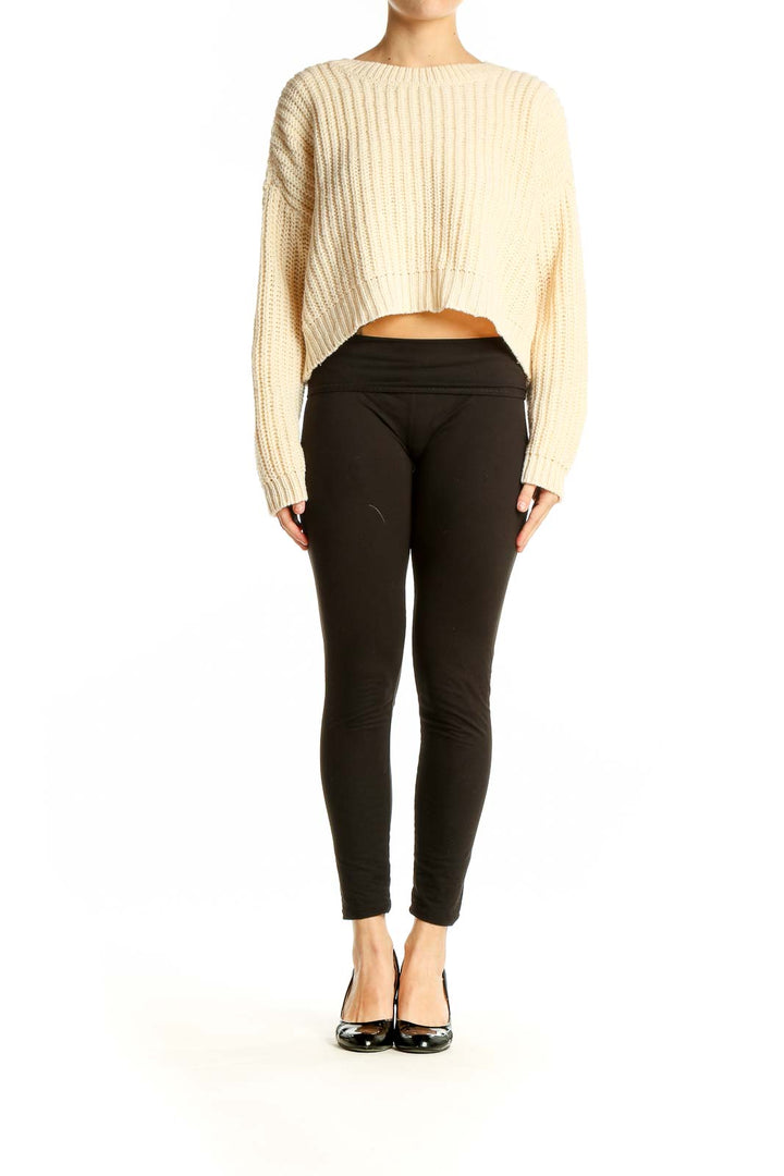 Front view of L.A. Hearts cream cropped ribbed sweater