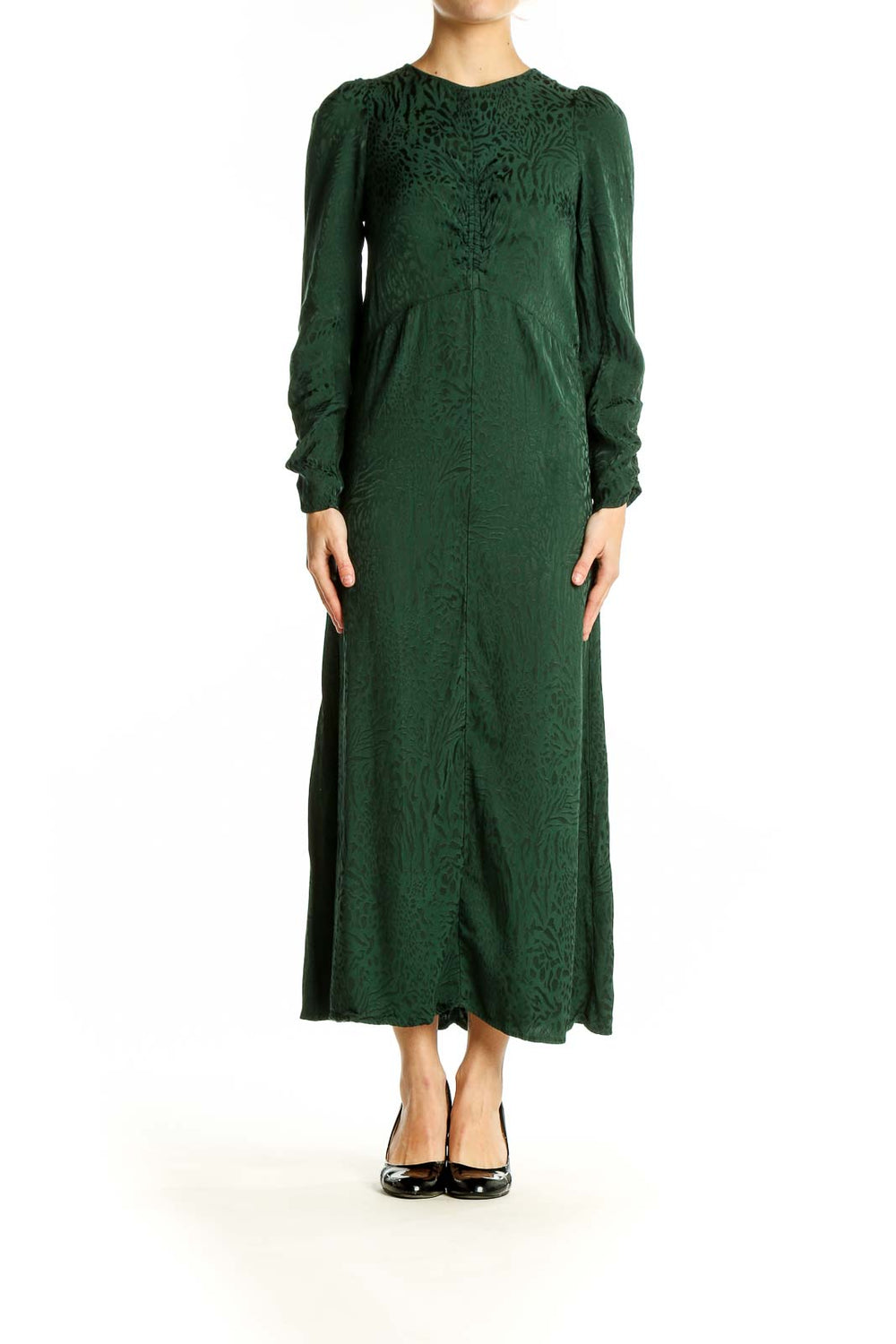 Front view of green textured long sleeve maxi dress by SilkRoll