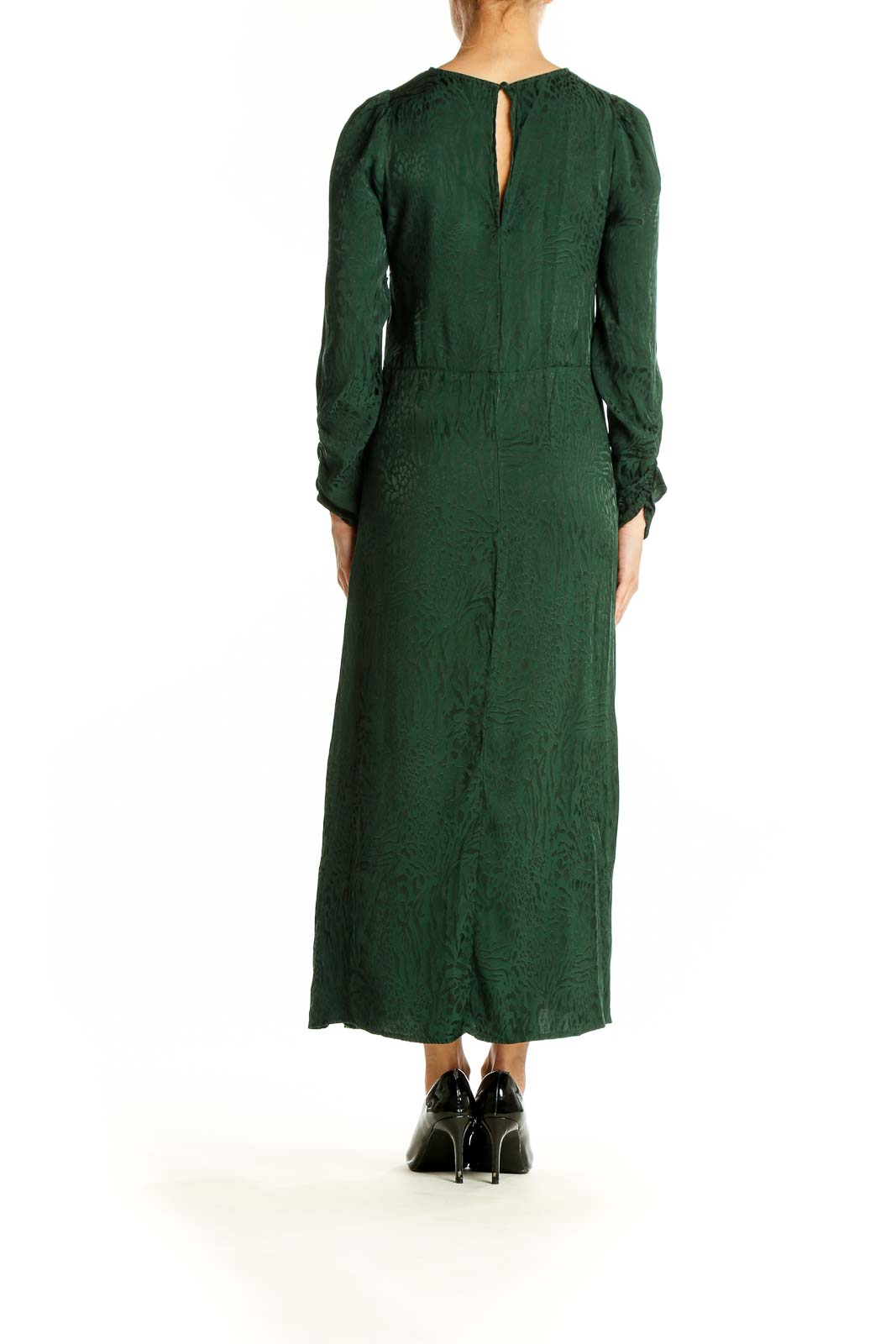 Back view of green textured long sleeve maxi dress by SilkRoll