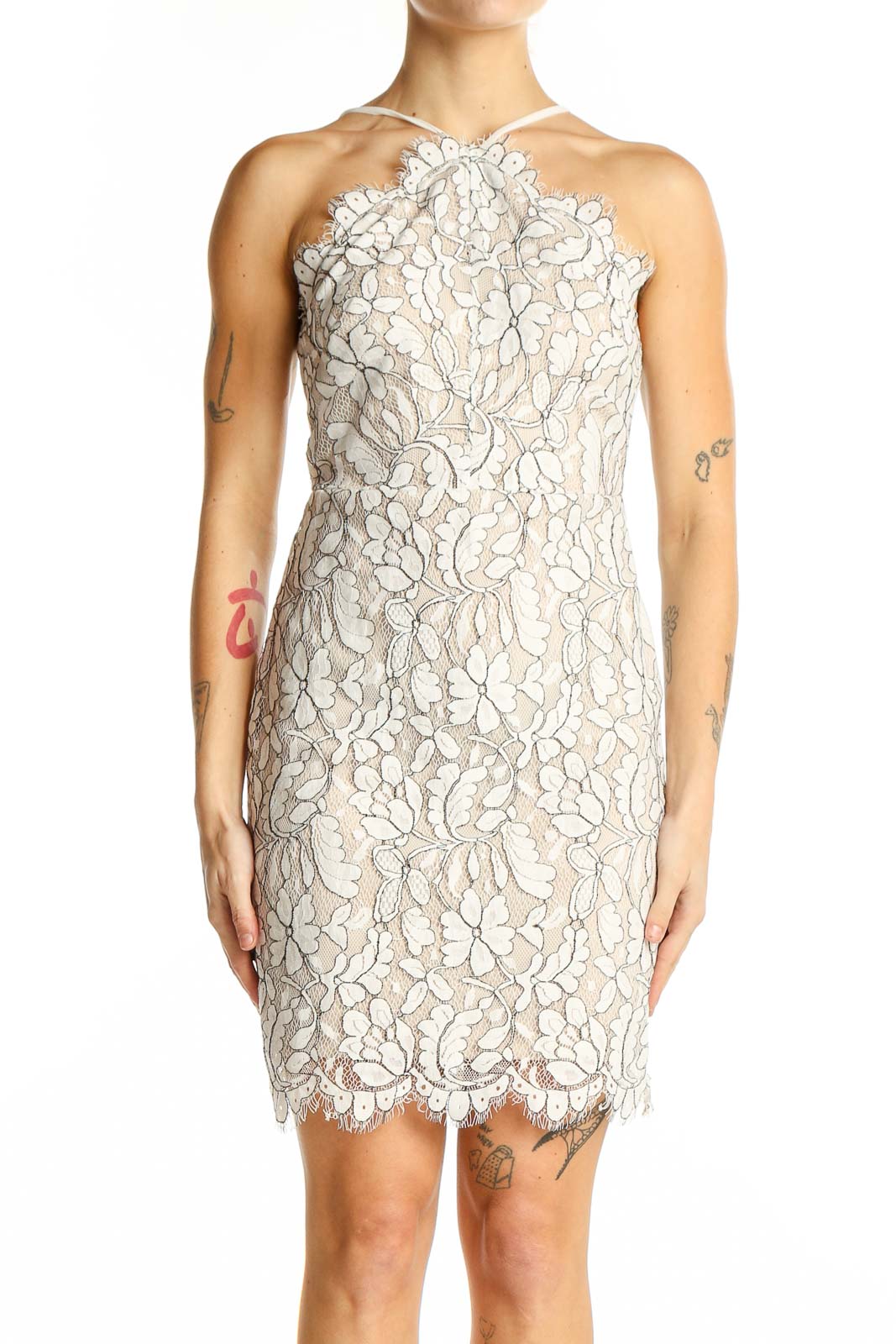 Front view of Lulu's white floral lace halter mini dress