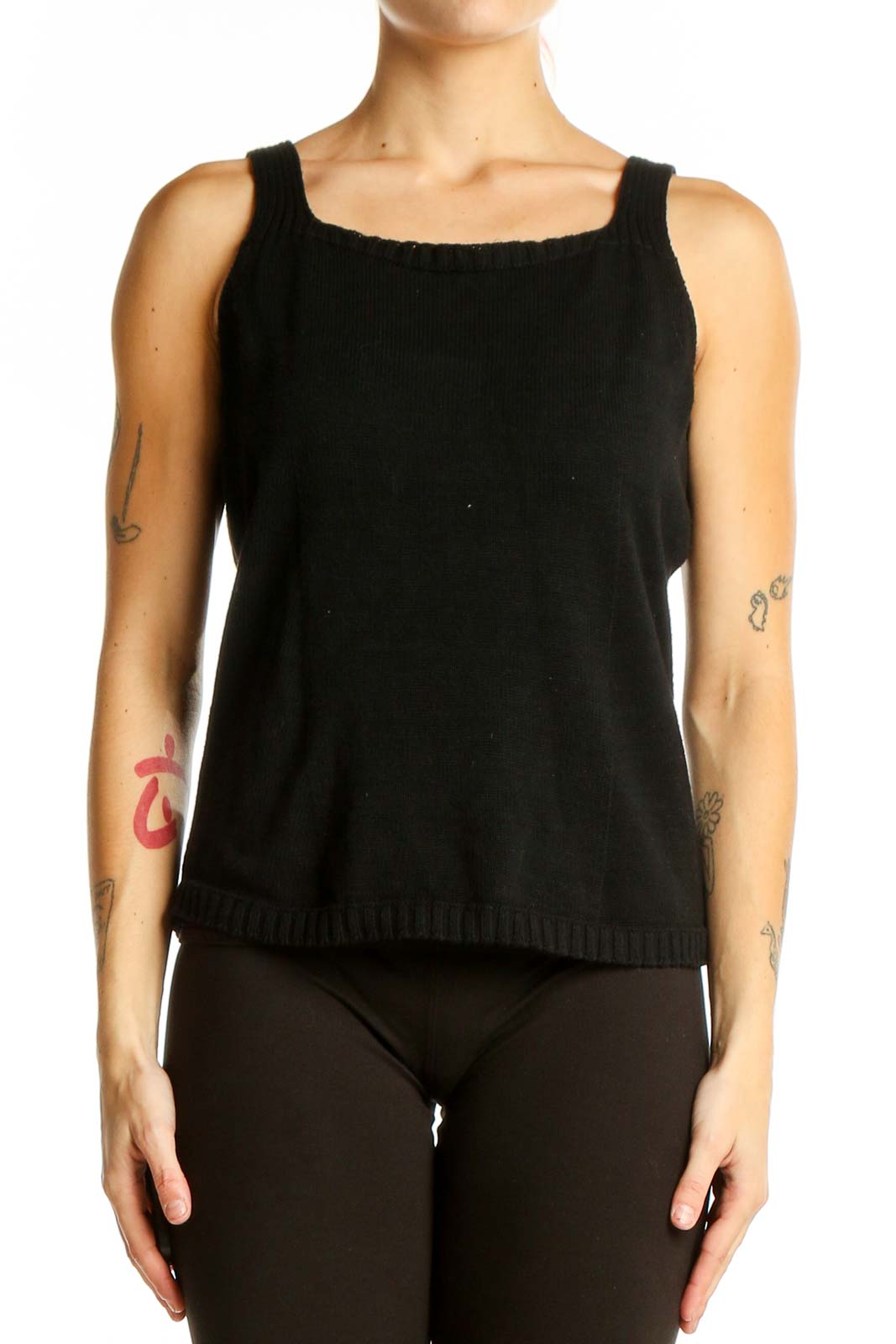 Front view of black cotton tank top by Talbots with square neckline