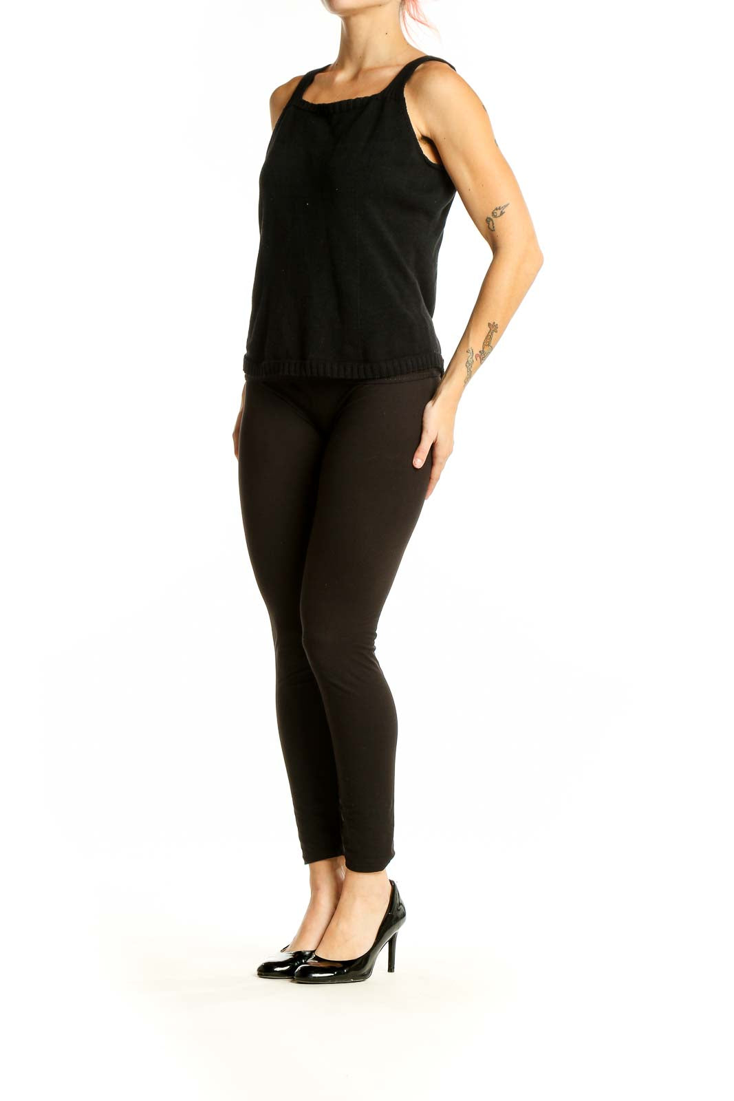 Front view of black cotton tank top by Talbots with square neckline