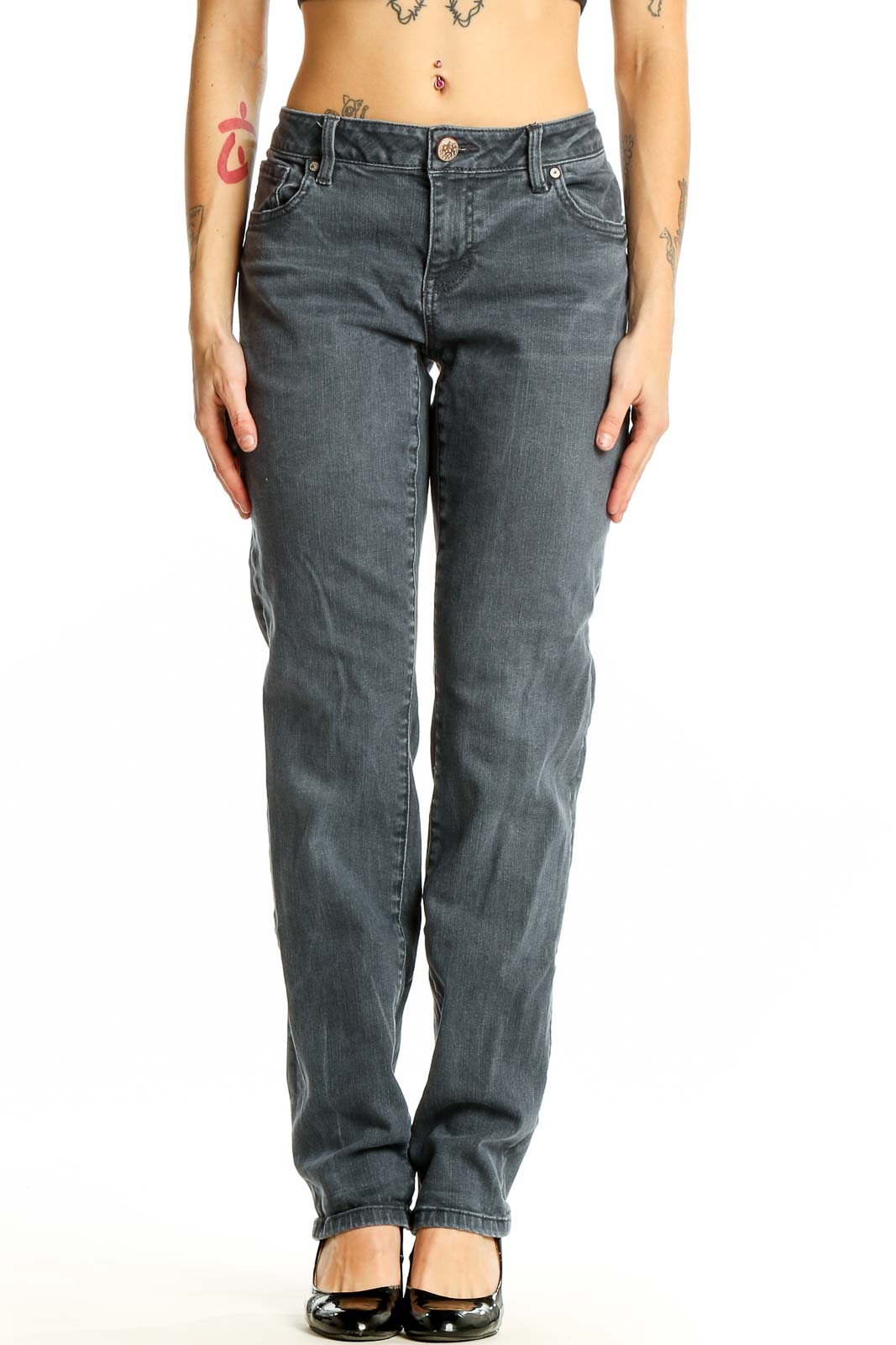 Front view of Cabi gray straight leg jeans on model