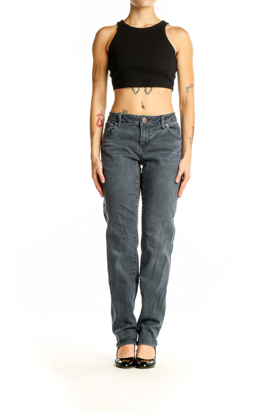 Front view of Cabi gray straight leg jeans on model