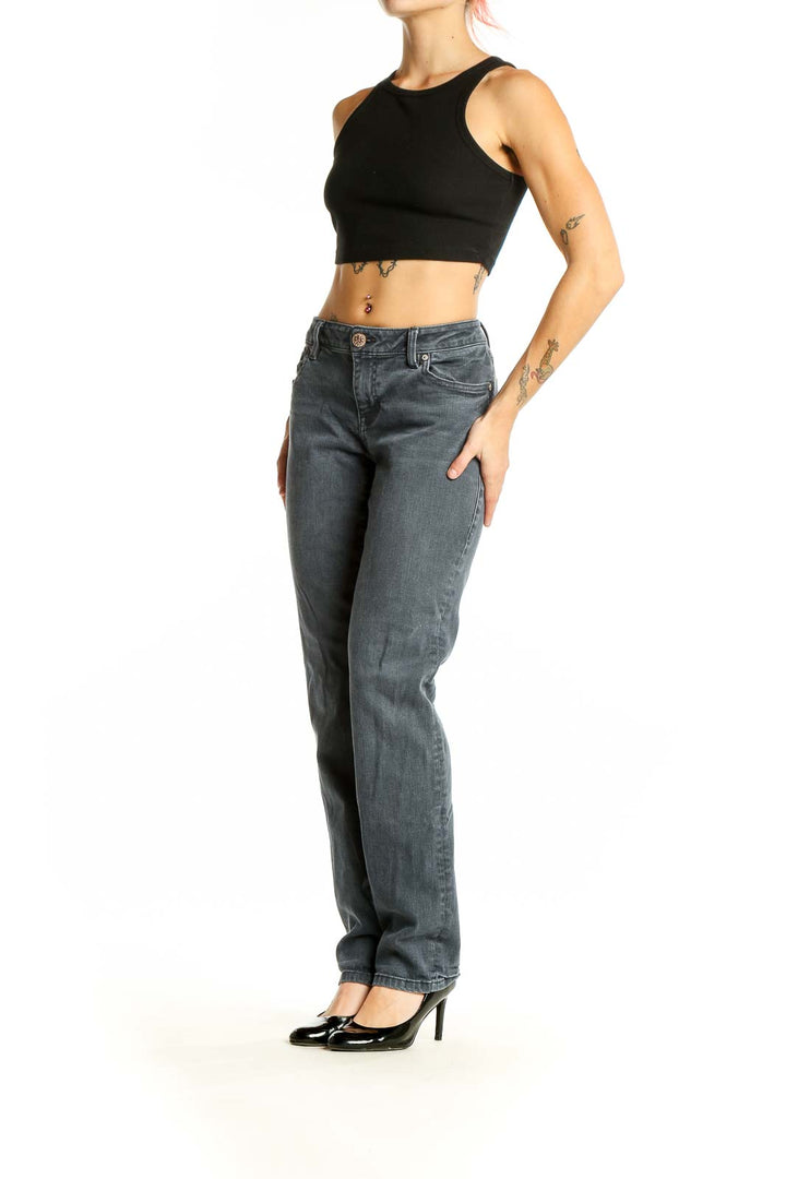 Front view of Cabi gray straight leg jeans on model