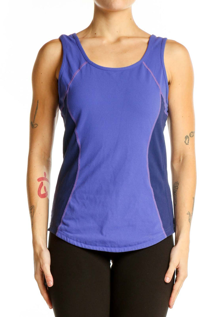 Front view of purple Lululemon performance tank top with scoop neckline