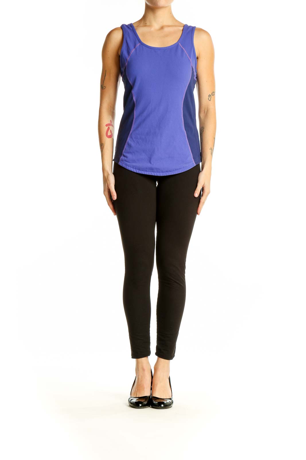 Front view of purple Lululemon performance tank top with scoop neckline