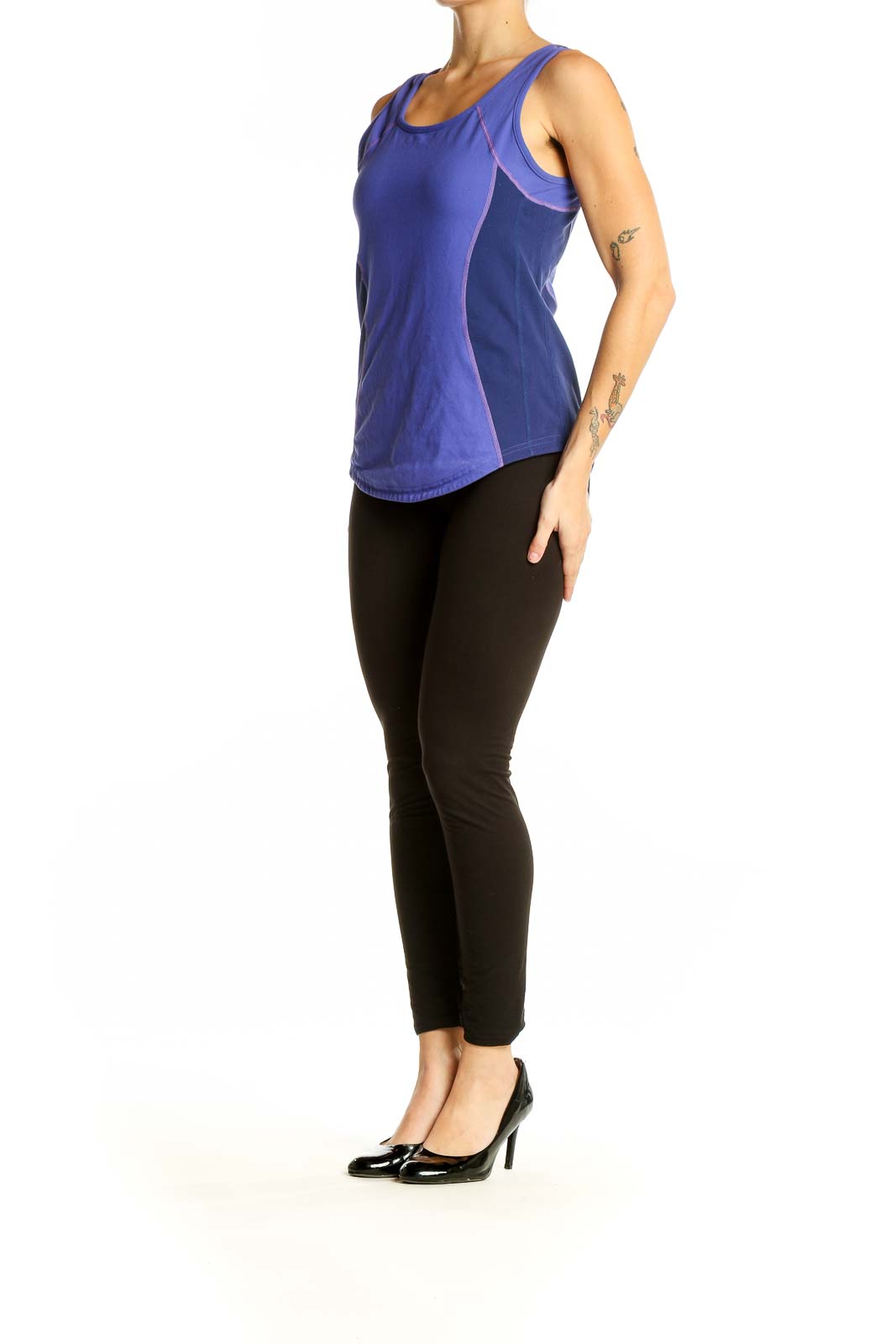 Front view of purple Lululemon performance tank top with scoop neckline