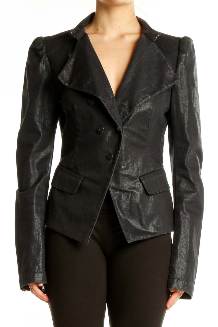 Front view of SilkRoll black fitted leather blazer jacket