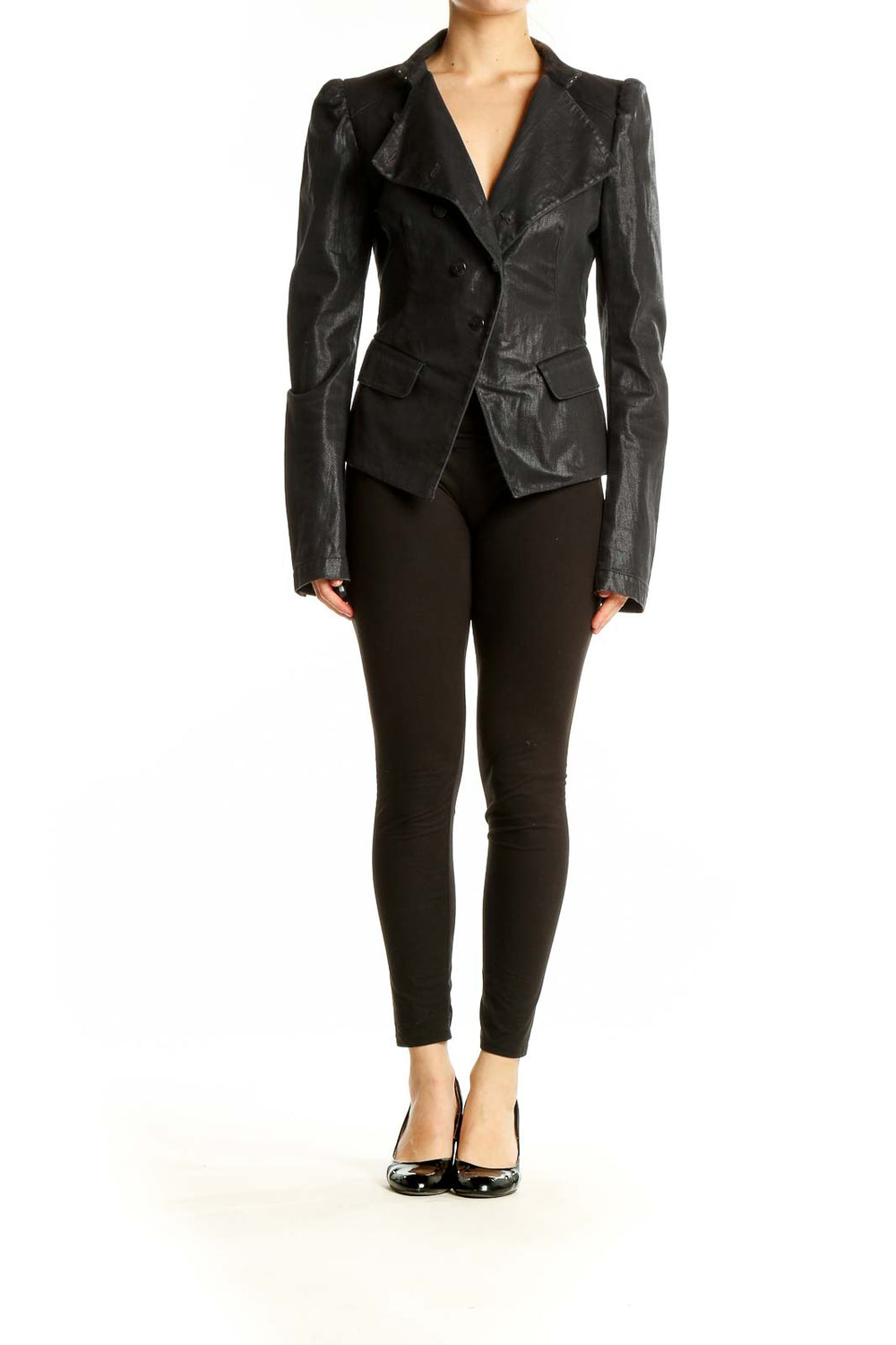 Front view of SilkRoll black fitted leather blazer jacket